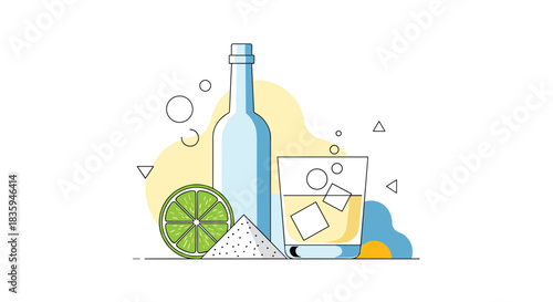 Minimalist illustration of a tequila bottle, fresh lime, and salt next to a glass of iced cocktail, ready for a refreshing drink.