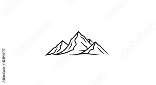 A minimalist black and white line art illustration depicting a mountain range with multiple peaks, symbolizing nature and adventure.