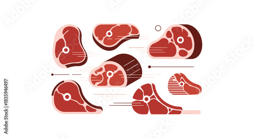 A flat design illustration of various fresh red meat cuts, including steaks, roasts, and chops, arranged with abstract lines on a clean white background.