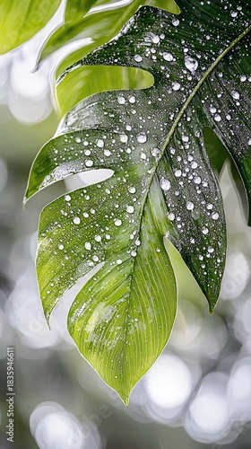 Monstera Leaf with Raindrops in Bokeh
