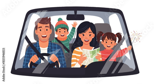 Happy family enjoying a road trip together, viewed from the front windshield of a vehicle