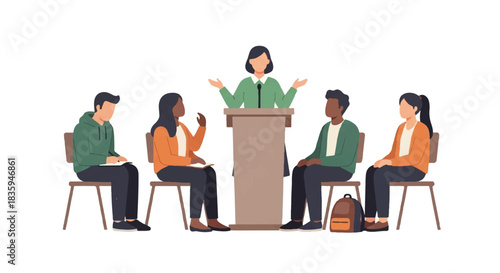Woman presenting to a diverse group of seated individuals in a meeting setting