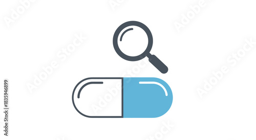Magnifying glass over a blue and white capsule symbolizing medical research and analysis.