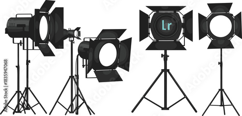 Professional Film Studio Lighting Set on Tripods, Spotlight, Fresnel, and Open Face Light Fixture Icons, Photography and Cinema Equipment Vector Illustration.