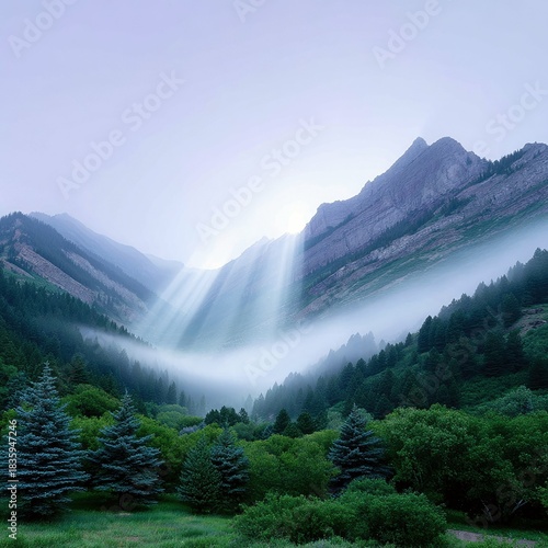 Mountain Valley with Sunbeams Shining Through Fog