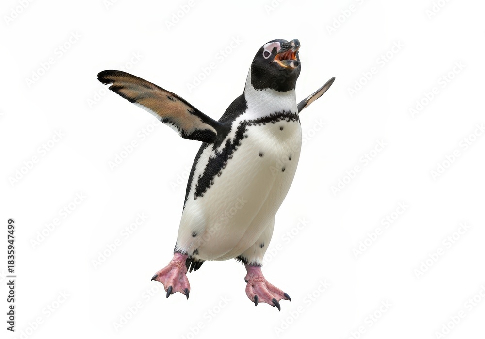 Fototapeta premium Playful Penguin with Outstretched Wings Against a White Background Capturing Attention