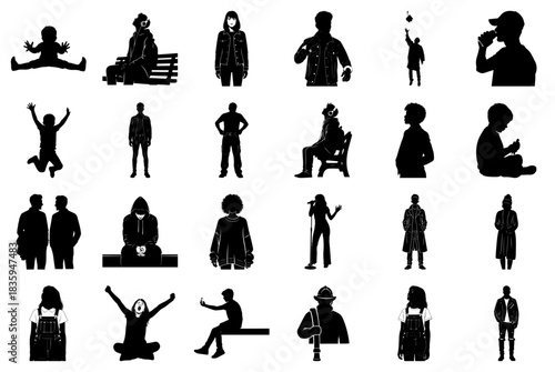 Assortment of Human Silhouettes in Different Activities Keywords: silhouette, people, man, woman