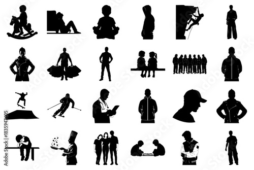 Grid of Silhouettes Featuring People in Sports and Daily Life Keywords: silhouette, people, man