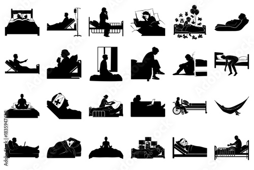 Hospital and Home Bed Scenes Silhouettes Collection Keywords: hospital bed, patient, nurse