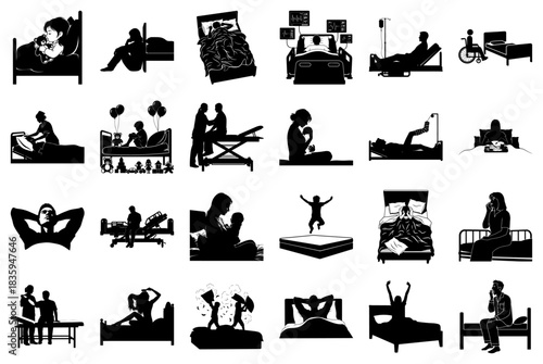 People in Bed and Hospital Scenes Silhouettes Collection Keywords: bed, sleeping, resting, sick