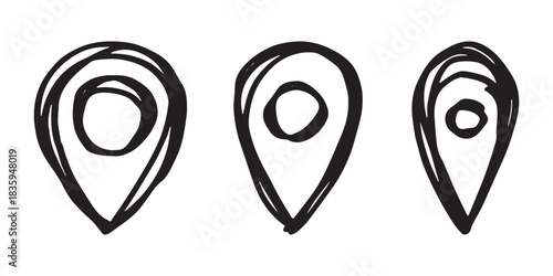 Set of hand drawn map pin Map marker pointer sign GPS and mapping tools Location pin symbol Pinpoint clipart in doodle style Single element for web, design