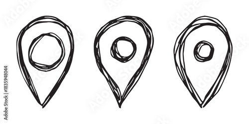 Set of hand drawn map pin Map marker pointer sign GPS and mapping tools Location pin symbol Pinpoint clipart in doodle style Single element for web, design