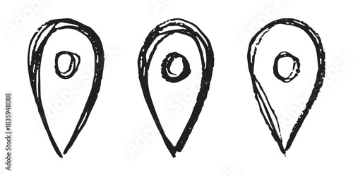 Set of hand drawn map pin Map marker pointer sign GPS and mapping tools Location pin symbol Pinpoint clipart in doodle style Single element for web, design