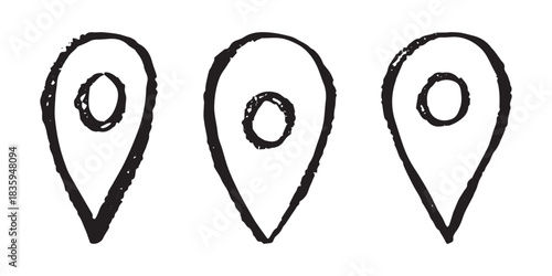 Set of hand drawn map pin Map marker pointer sign GPS and mapping tools Location pin symbol Pinpoint clipart in doodle style Single element for web, design