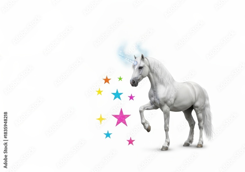 Obraz premium Enchanted Unicorn with Colorful Stars and Sparkles Against a White Background