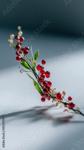 Delicate sprig with red berries and green leaves soft lighting casting shadows