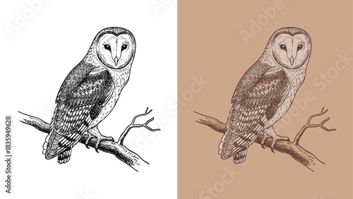 Classic Vintage Barn Owl Engraving Illustration