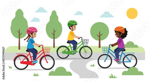 Three diverse children wearing safety helmets riding bicycles together in a sunny park.