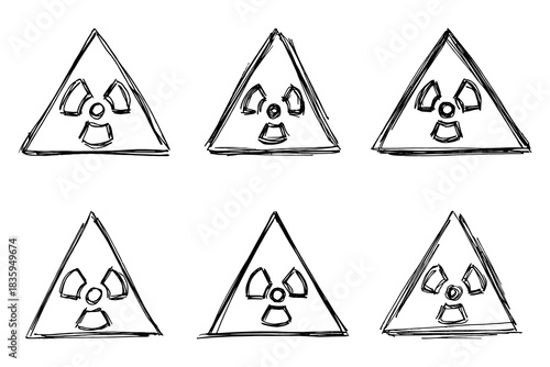 Set of hand drawn radiation sign Nuclear radiation hazard symbol Radioactive danger warning doodle Radioactive waste Single element for print, web, design, decor