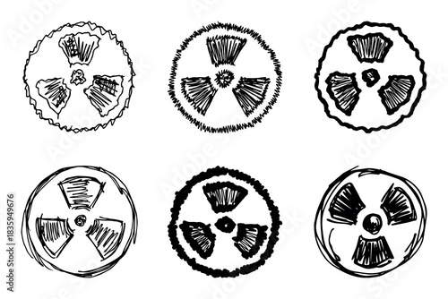 Set of hand drawn radiation sign Nuclear radiation hazard symbol Radioactive danger warning doodle Radioactive waste Single element for print, web, design, decor