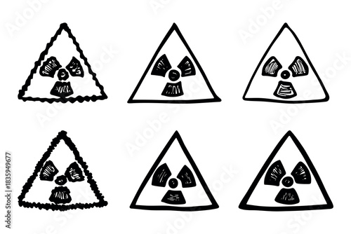 Set of hand drawn radiation sign Nuclear radiation hazard symbol Radioactive danger warning doodle Radioactive waste Single element for print, web, design, decor