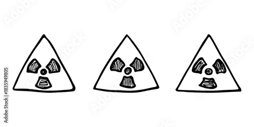 Set of hand drawn radiation sign Nuclear radiation hazard symbol Radioactive danger warning doodle Radioactive waste Single element for print, web, design, decor