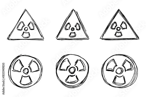 Set of hand drawn radiation sign Nuclear radiation hazard symbol Radioactive danger warning doodle Radioactive waste Single element for print, web, design, decor