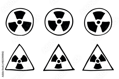 Set of hand drawn radiation sign Nuclear radiation hazard symbol Radioactive danger warning doodle Radioactive waste Single element for print, web, design, decor