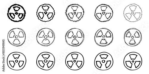 Set of hand drawn radiation sign Nuclear radiation hazard symbol Radioactive danger warning doodle Radioactive waste Single element for print, web, design, decor