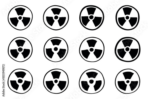 Set of hand drawn radiation sign Nuclear radiation hazard symbol Radioactive danger warning doodle Radioactive waste Single element for print, web, design, decor