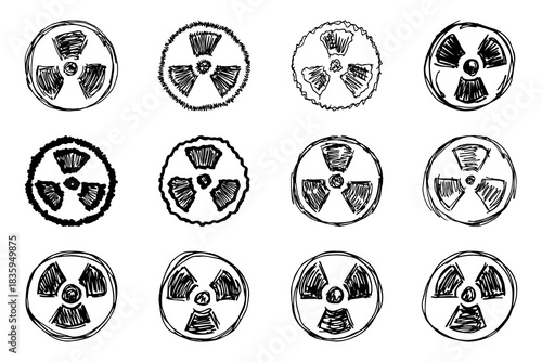 Set of hand drawn radiation sign Nuclear radiation hazard symbol Radioactive danger warning doodle Radioactive waste Single element for print, web, design, decor