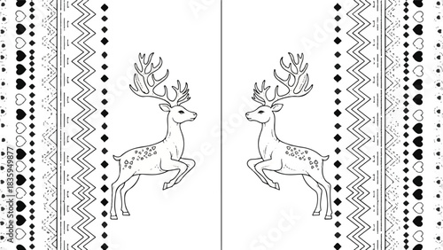 Artistic black and white symmetrical illustration featuring two regal deer with impressive antlers, flanked by decorative vertical borders of traditional folk patterns and heart designs