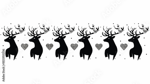 Monochrome pattern with graceful deer silhouettes, intricate antlers, and charming heart shapes. Elegant decorative border design for festive, rustic, winter, and romantic projects