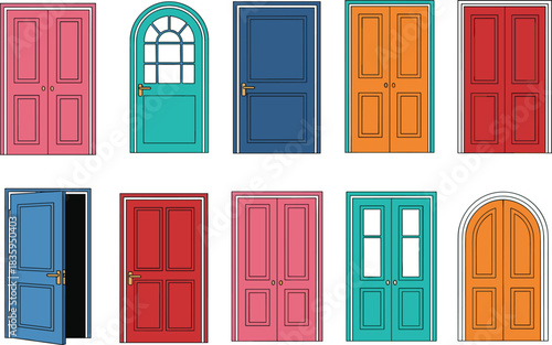 Set of colorful vector door illustrations including open, closed, double and arched styles, flat cartoon front entrance collection for modern home and house architecture.