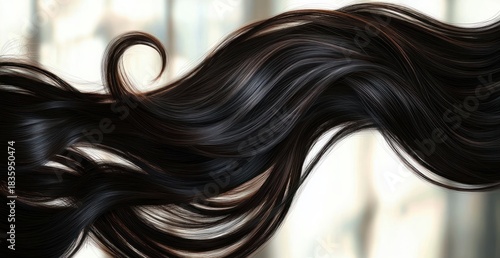 Close-up of long, flowing, glossy black hair strands curving smoothly in motion against blurred neutral background
