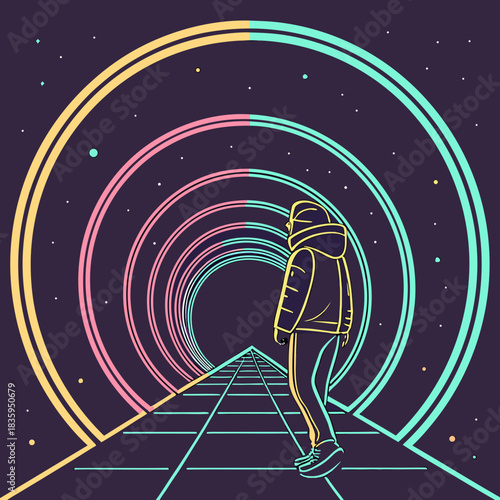 Person in a neon tunnel looking towards the infinite