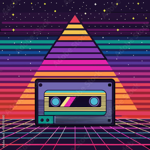 Retro cassette tape under a neon pyramid in a starry sky