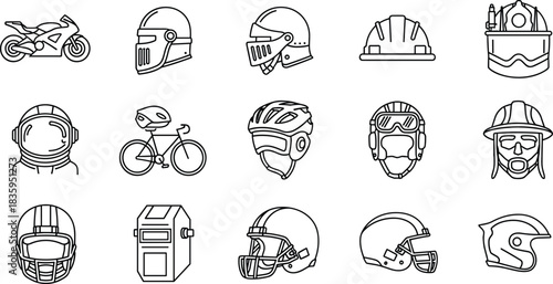 Set of Protective Helmet Line Icons, Including Motorcycle, Medieval Knight, Construction, Firefighter, Astronaut, Bicycle, Welder, and Sports Helmets, Vector Outline Illustrations for Safety and Gear.
