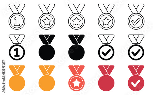 set of approved or certified medal icon vector, featuring success and recognition symbols, ideal for achievement awards, certification graphics, accomplishment illustrations, and professional vector 