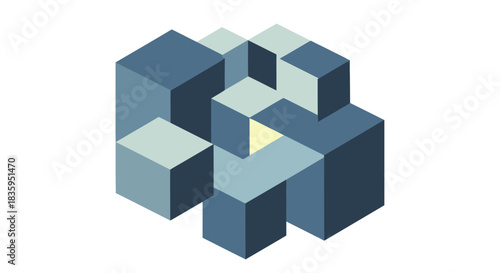 Abstract Isometric Cube Composition with Various Blue Tones.