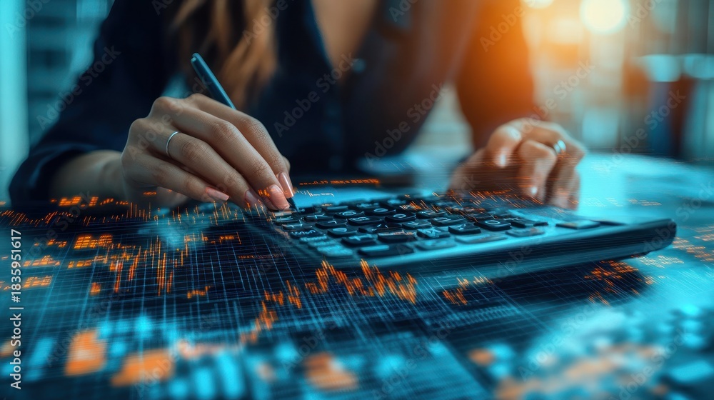 Fototapeta premium Person using a calculator and pen with digital financial data overlays representing analysis and calculations in a modern business setting