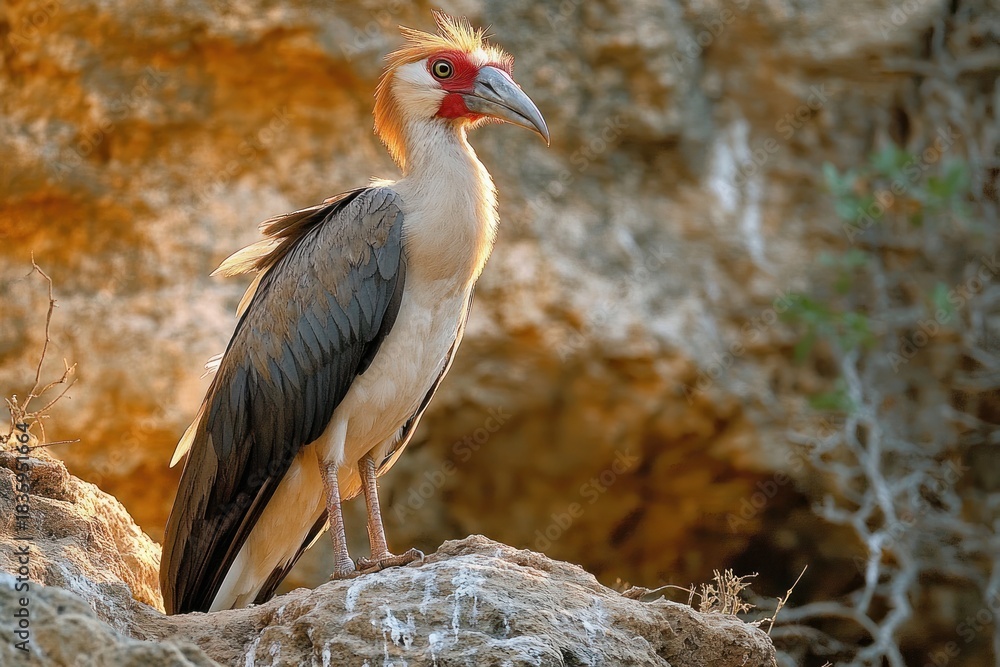 Fototapeta premium Large bird with colorful head and sharp beak standing on rocky surface against blurred rocky background in natural sunlight