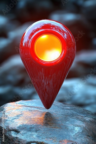 Glossy red location pin marker glowing warmly on a textured rocky surface with blurred dark stone background
