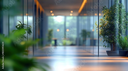Modern office corridor with glass walls and green potted plants on both sides, illuminated by warm ceiling lights creating a calm and inviting atmosphere