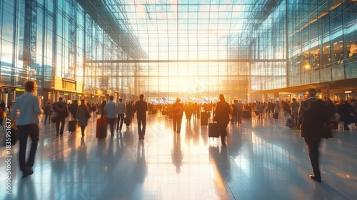 busy modern airport terminal with people walking and pulling luggage during sunset casting long shadows on shiny floor