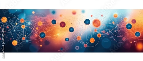 Abstract representation of interconnected glowing spheres in blue and orange hues with flowing connecting lines on a blurred gradient background