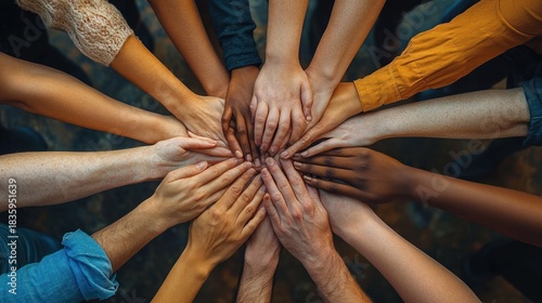 Group of diverse people joining hands together in a circle symbolizing unity and teamwork