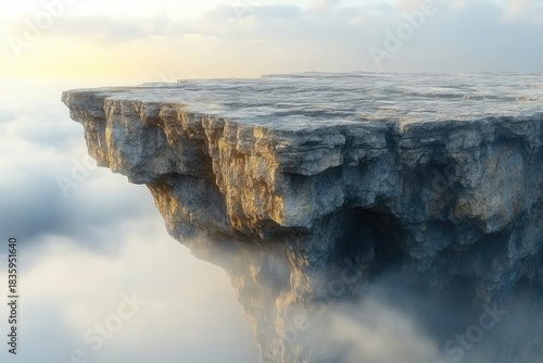 Massive flat rocky cliff floating above clouds and mist under soft sunlight