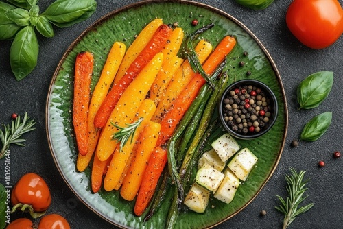Plate of colorful roasted baby carrots, green beans, cubed cheese, and a bowl of mixed peppercorns garnished with fresh herbs on a dark textured surface