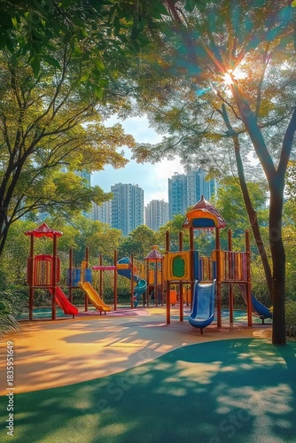 Colorful empty playground with slides and climbing structures under sunlit trees and city skyscrapers in the background